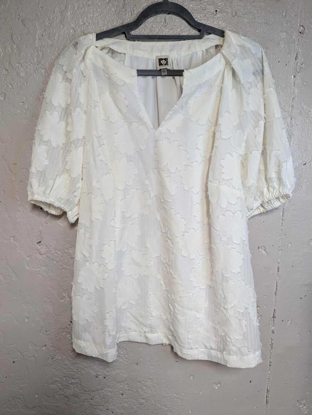 Anne Klein 1X Ivory Textured Floral Tunic Top Puff Sleeve